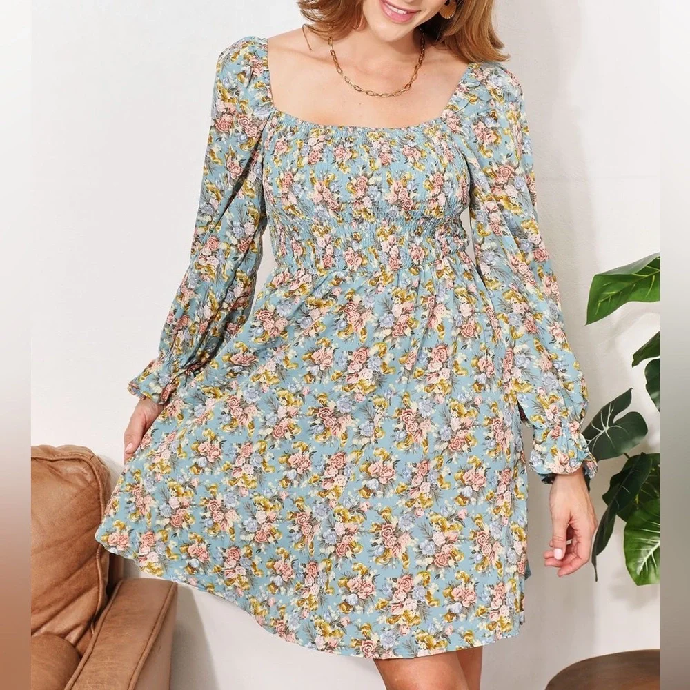 NEW Double Take Spring Floral Smocked Long Ruffle Sleeve Square Neck Dre… - Picture 1 of 12